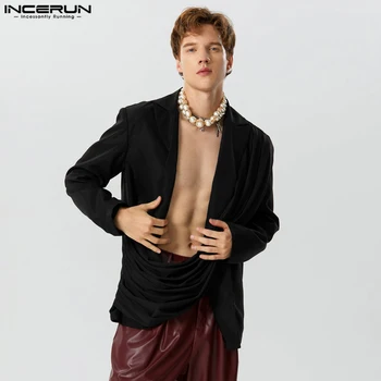 INCERUN Топы 2023, модный мужской однотонный блейзер в американском стиле, для отдыха, сексуальный костюм с распашным воротником и длинными рукавами, куртки S-5XL