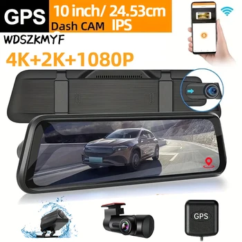 Автомобильный Видеорегистратор 4K 10-Дюймовое Зеркало заднего Вида GPS 3Lens Dash Cam для Автомобилей Камера заднего Вида для Автомобиля Wifi Видеомагнитофон Автомобильные Аксессуары
