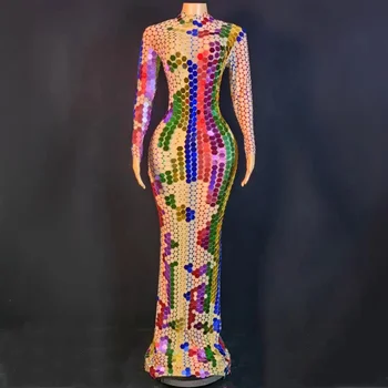 Блестящая Разноцветная зеркальная поверхность, блестки, сексуальное облегающее платье в пол с длинным рукавом, вечернее платье для дня рождения, сценическое шоу певицы
