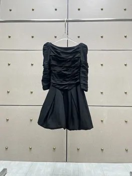 Весенняя новинка 2024, женская одежда, однотонное плиссированное короткое платье с открытым вырезом 1218
