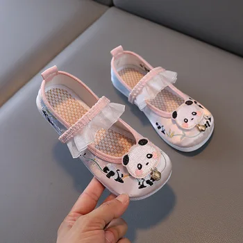 Детская обувь ручной работы в китайском стиле, тканевая обувь с вышивкой ручной работы для девочек, традиционная детская обувь Hanfu с рисунком милой панды