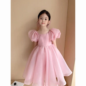Детское Розовое Сетчатое Платье С Пышными Рукавами для Малышей, Детские Милые Длинные Вечерние Платья для Девочек, Наряды