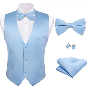 Дизайнерский мужской жилет Небесно-голубой Однотонный шелковый жилет с галстуком-бабочкой, Свадебная вечеринка, Официальная мужская куртка без рукавов Barry Wang