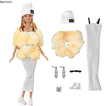 Желто-белый комплект одежды для куклы Барби, меховой шарф, пальто, белое платье, шляпа, пояс, Обувь для кукол Barbie, аксессуары для кукол 1/6.