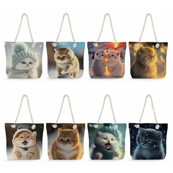 Женская сумка для покупок с милым мультяшным котом, тканевые сумки через плечо, толстая веревка, дорожные пляжные сумки-тотализаторы, сумки большой вместимости, мода