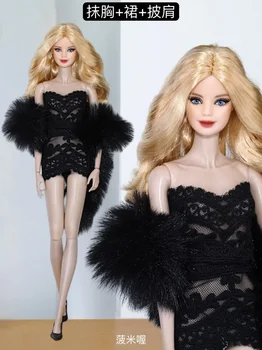 Комплект одежды/ Черный кружевной топ + шорты + плюшевый чехол / 30 см кукольная одежда костюм Для 1/6 Xinyi FR ST blythe Barbie Doll