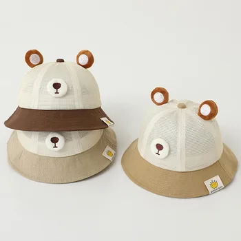 Корейская детская шляпа Летняя сетчатая дышащая Детская солнцезащитная шляпа с козырьком, пляжная шляпа с мультяшным медведем, солнцезащитные шляпы для маленьких девочек, детская