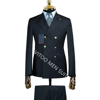 Модные мужские костюмы с 6 пуговицами, двубортные, приталенные официальные комплекты из 2 предметов для бизнеса, большой и высокий блейзер с брюками, наряды