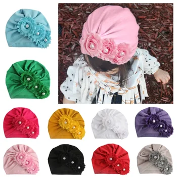 Новые детские шапочки для новорожденных с жемчужными шифоновыми цветами из смеси хлопка Kont Turban, эластичная шапочка-бини для девочек, аксессуары для детских волос 0