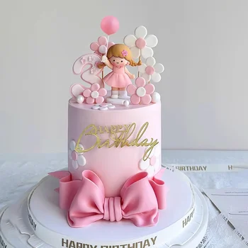 Новые украшения для торта принцессы Дети 1-го Счастливого Дня Рождения Топперы для торта Миндального цвета Воздушный шар для девочек Подарочная коробка Цветок Детский Душ