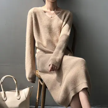 Осенне-зимний женский пуловер, однотонный свитер с длинным рукавом и V-образным вырезом, средней длины, свободного кроя, вязаное модное платье 0
