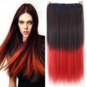 От черного до красного Синтетическая прямая заколка для наращивания волос, заколки для волос Омбре, волосы на заколках, накладные пряди
