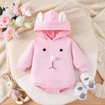 Пасхальная одежда для новорожденной девочки с длинным рукавом, комбинезон с капюшоном и кроликом, толстовка, боди с кроликом и кроличьим хвостом