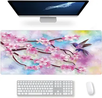 Расширенный Большой Игровой Коврик Для мыши Spring Peach Blossoms and Hummingbirds XXL Размер Клавиатуры Коврик Для Мыши Настольный Коврик 35,4 x 15,7 дюйма