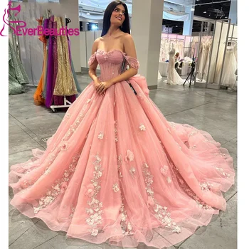 Розовые Кружевные Пышные Платья Vestidos De 15 16 Años Quinceañeras С Открытыми Плечами Бальное Платье С Фатиновыми Аппликациями Sweet 16 Dress для Девочки