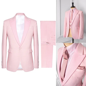 Розовые мужские костюмы в крошечную собачью клетку, сшитые на заказ, 2 предмета, блейзер, жилет на одной пуговице, деловой тонкий свадебный костюм для жениха, сшитый на заказ, плюс размер