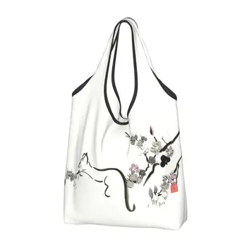 Сумки для покупок с модным принтом Cat In Cherry Blossom Tree, Портативная сумка для котенка через плечо для покупателей