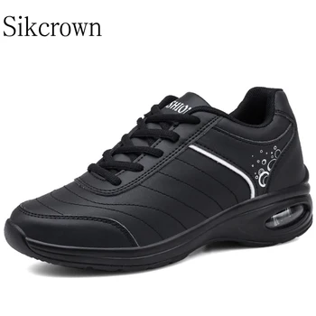 Черные кожаные женские кроссовки большого размера 42 Повседневная обувь для бега на воздушной подушке Удобная уличная водонепроницаемая спортивная обувь белого цвета