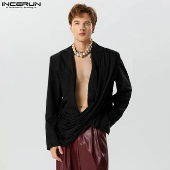 INCERUN Топы 2023, модный мужской однотонный блейзер в американском стиле, для отдыха, сексуальный костюм с распашным воротником и длинными рукавами, куртки S-5XL 1