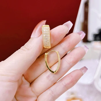 Женские серьги-кольца v-образной формы, инкрустированные крошечными кристаллами из настоящего золота 18 карат, Модные серьги-хагги для девочек в подарок 1