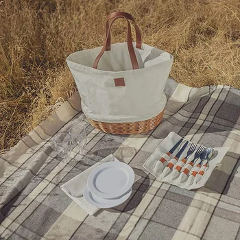 Корзина для пикника, сумка-тоут для пикника, прочная тканая основа и холщовая пляжная сумка-тоут 1