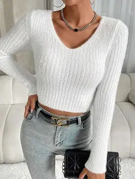Новая женская мода, имитация норковой шерсти с V-образным вырезом, Удобный, мягкий, липкий, приталенный свитер с длинными рукавами, однотонный, сексуальный, элегантный. 1