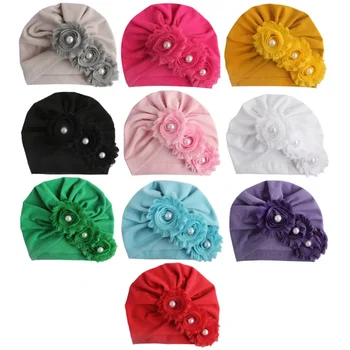 Новые детские шапочки для новорожденных с жемчужными шифоновыми цветами из смеси хлопка Kont Turban, эластичная шапочка-бини для девочек, аксессуары для детских волос 1
