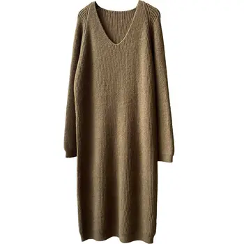 Осенне-зимний женский пуловер, однотонный свитер с длинным рукавом и V-образным вырезом, средней длины, свободного кроя, вязаное модное платье 1