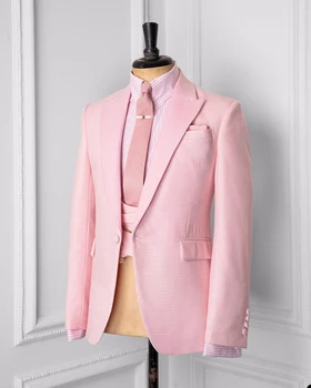 Розовые мужские костюмы в крошечную собачью клетку, сшитые на заказ, 2 предмета, блейзер, жилет на одной пуговице, деловой тонкий свадебный костюм для жениха, сшитый на заказ, плюс размер 1