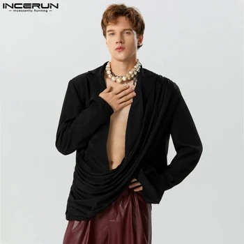 INCERUN Топы 2023, модный мужской однотонный блейзер в американском стиле, для отдыха, сексуальный костюм с распашным воротником и длинными рукавами, куртки S-5XL 2