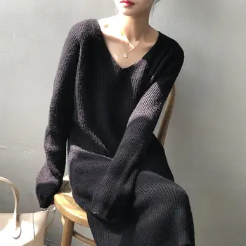 Осенне-зимний женский пуловер, однотонный свитер с длинным рукавом и V-образным вырезом, средней длины, свободного кроя, вязаное модное платье 2