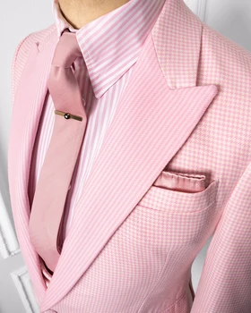 Розовые мужские костюмы в крошечную собачью клетку, сшитые на заказ, 2 предмета, блейзер, жилет на одной пуговице, деловой тонкий свадебный костюм для жениха, сшитый на заказ, плюс размер 2