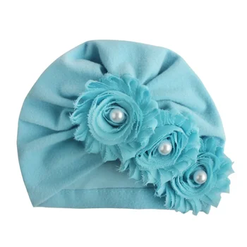 Новые детские шапочки для новорожденных с жемчужными шифоновыми цветами из смеси хлопка Kont Turban, эластичная шапочка-бини для девочек, аксессуары для детских волос 3