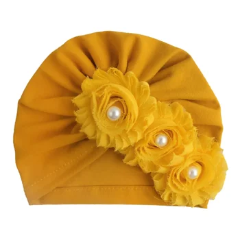 Новые детские шапочки для новорожденных с жемчужными шифоновыми цветами из смеси хлопка Kont Turban, эластичная шапочка-бини для девочек, аксессуары для детских волос 4