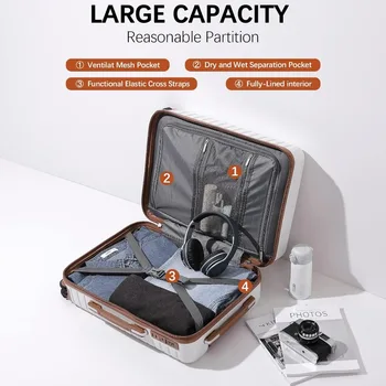 Ручная кладь FIGESTIN с вращающимися колесиками, легкий 20-дюймовый ручной чемодан для ручной клади с замком TSA (бежевый) 4